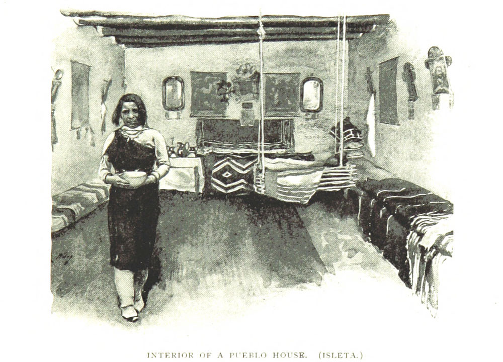 Antique illustration of an Isleta Pueblo house interior, and Pueblo woman in traditional dress holding a bowl.